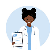 Medical prescription. African female doctor in uniform holding clipboard with recipe for patient. Healthcare, treatment and pharmacy concept. Vector illustration in flat cartoon style.