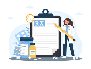 Medical prescription drugs concept. Female doctor with giant pencil standing near large recipe on clipboard. Diseases therapy pills. Pharmacy control. Vector illustration in flat cartoon style.