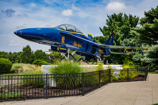 St. Louis, MO USA - August 12, 2019 : FA-18B Hornet aircraft flown by the US Navy Blue Angels on display at the St. Louis Science Center
