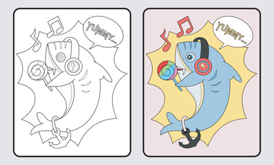learn coloring for kids and elementary school. shark is listening to music and eating candy