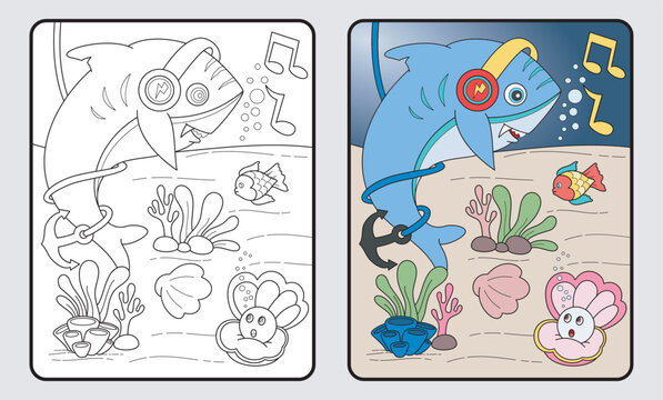 learn coloring for kids and elementary school. shark, shellfish, fish.