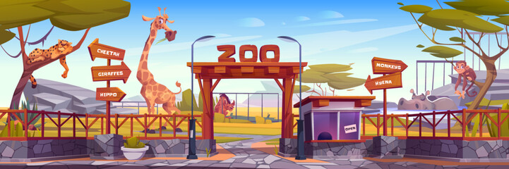 Cute african animals in Zoo. Zoology park entrance with wooden arch, cashier booth with monkey, giraffe, cheetah, hippo and hyena behind fence, vector cartoon illustration