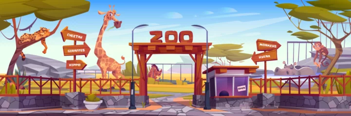 Gartenposter Cute african animals in Zoo. Zoology park entrance with wooden arch, cashier booth with monkey, giraffe, cheetah, hippo and hyena behind fence, vector cartoon illustration © klyaksun