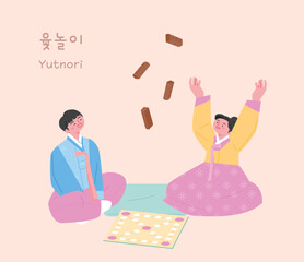 korean traditional play. Two friends wearing hanbok are playing yutnori.