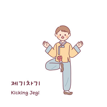 korean traditional play. A boy wearing a hanbok is playing jegi kick.
