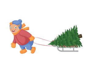 A child with a Christmas tree. Christmas illustration depicting a boy carrying a Christmas tree on a sled. Cute baby with a Christmas tree. Vector illustration