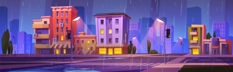 Zelfklevend Fotobehang City street landscape with houses, car road and trees in rain at evening. Town with buildings, crossroad with traffic lights and pedestrian crosswalk at rainy weather, vector cartoon illustration © klyaksun