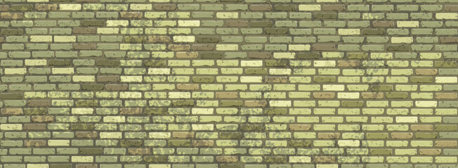 Rectangular wall with a texture of bricks in swampy shades with scuffs and chips.