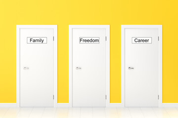 Interior with three doors and signs in English "family", "freedom", "career". The concept of making difficult decisions. Several options for choosing life priorities. 3d rendering.