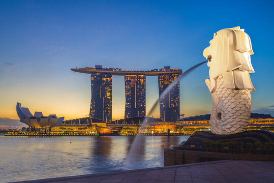 February 6, 2020: merlion and sands at marina bay in the central area of Singapore. The Merlion is the official mascot of singapore designed by Alec Fraser Brunner, widely used to represent the city.