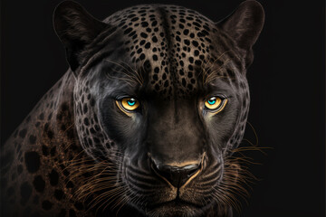 Close up on a black jaguar eyes on black - obrazy, fototapety, plakaty