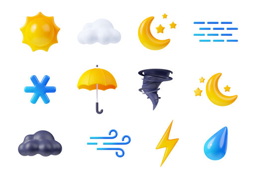 3d render weather icons set, sun shining, black or white clouds, lightning and snowflake. Raindrop, wind, fog, umbrella, tornado and crescent with stars forecast app elements, Cartoon illustration
