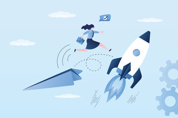 Ambitious, motivated businesswoman jumps from paper plane to fast rocket. Innovation helps success or career development. Improving skills, a change for the better.