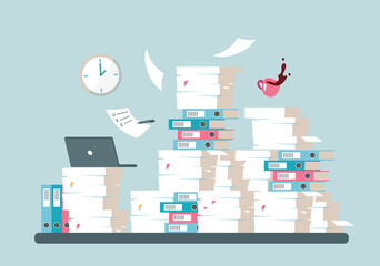 Stack of documents, papers and folders on the desktop. The concept of recycling, career growth, professional burnout. Flat vector illustration isolated.