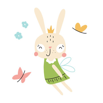 Vector illustration with cute hare and butterflies on a white background for your design.