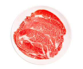 Red beef on whith dish, Slices Wagyu beef with marbled texture isolate on white background with clipping path.
