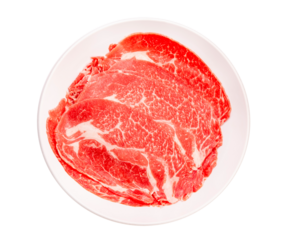 Red beef on whith dish, Slices Wagyu beef with marbled texture isolate on white background with clipping path.