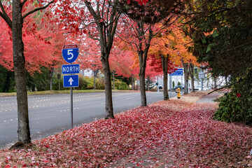 Small town street scene with directions to interstate five