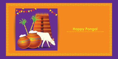 Vector illustration of Happy Pongal festival greeting banner template - obrazy, fototapety, plakaty