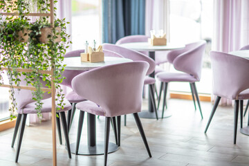 Table with chairs in a cafe.