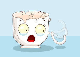 Desperate broken cup covered by cracks is looking at its falling handle, cartoon vector illustration about troubles.