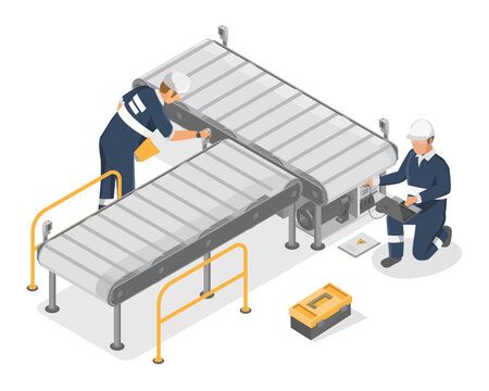 industry production line factory conveyor technicians engineering checking service maintenance  technology isometric isolated