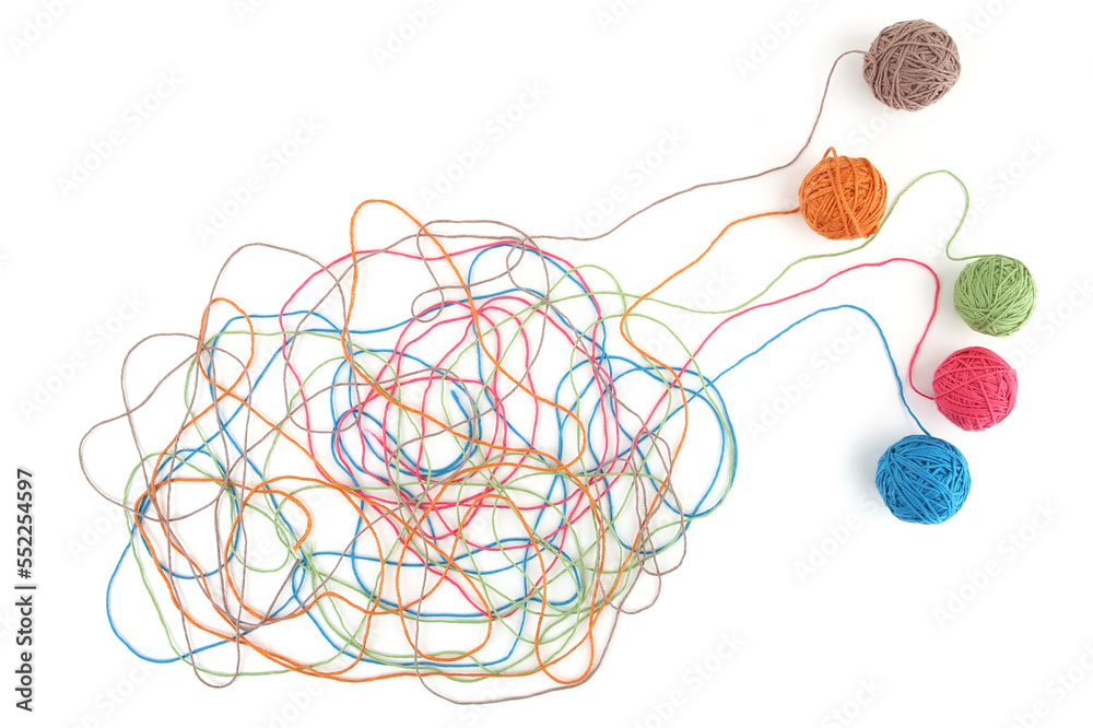 Wall mural tangled colorful cotton threads isolated on white background. abstract thread lines chaos pattern.