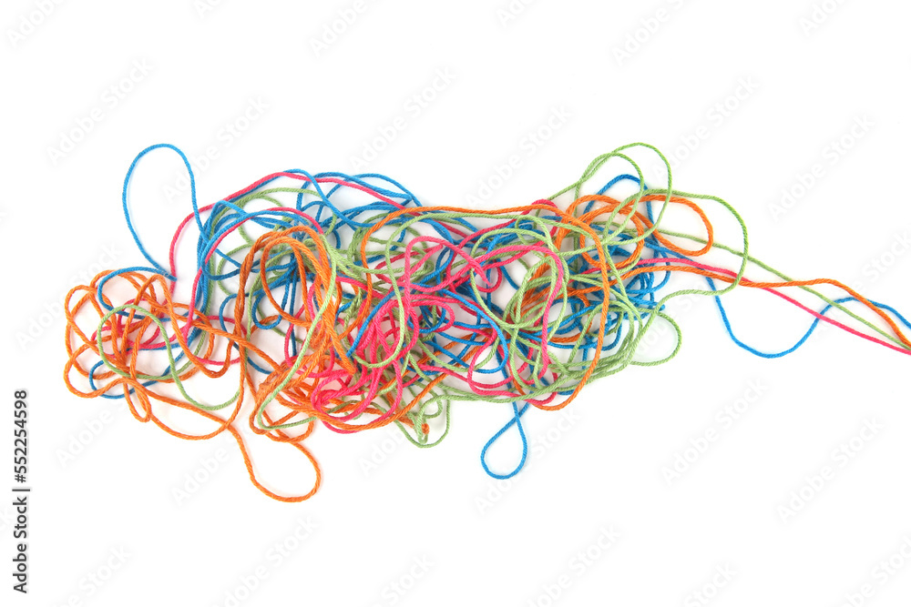 Wall mural tangled colorful cotton threads isolated on white background. abstract thread lines chaos pattern.