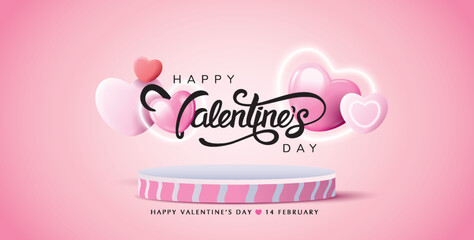 3D illustration of Valentines Day and pink theme product display background with 3d heart decoration and podium.