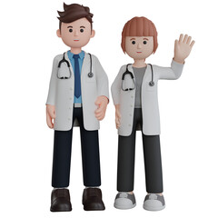 3D Rendering Cartoon Character Man and Woman Doctor with Stethoscope. PNG Transparent Background.