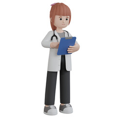 3D Rendering Cartoon Character Woman Doctor with Stethoscope holds Clipboard Medical Chart. PNG Transparent Background.
