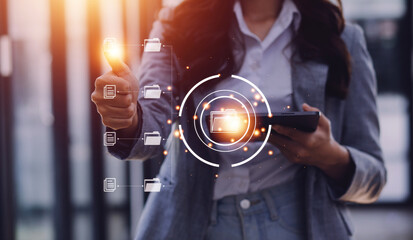 Document Management System (DMS), online documentation database and process automation to efficiently manage files, knowledge and documentation in enterprise with ERP. Corporate business technology.