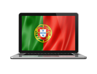 Portuguese flag on laptop screen isolated on white. 3D illustration