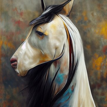 painting of a white horse with black manes.