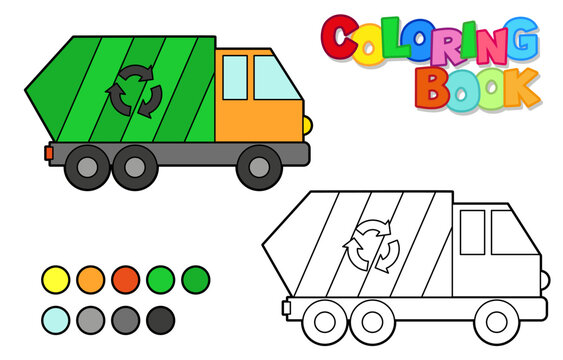 Vector Illustration of a garbage truck. Icon style with black outline. Logo design. Coloring book for children