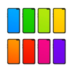 Rainbow colorful smartphone set banner. Isolated on transparent. 3D render