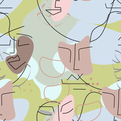 One line drawing. Abstract face seamless pattern.