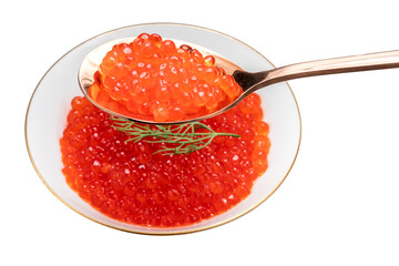 Salmon roe in golden spoon on white background, Texture of Salmon roe or Ikura in golden spoon PNG File.