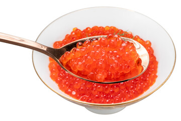 Salmon roe in golden spoon on white background, Texture of Salmon roe or Ikura in golden spoon PNG...