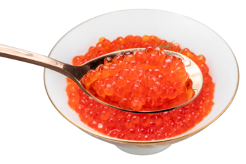 Salmon roe in golden spoon on white background, Texture of Salmon roe or Ikura in golden spoon PNG File.