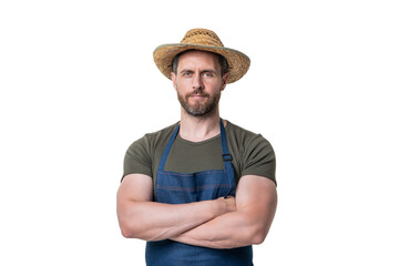 caucasian agricultural worker in hat and apron isolated on white background