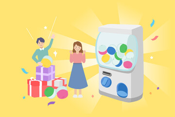 Lucky people winning prize draw near Gashapon machine, capsule vending machine. Happy winners with gift boxes, balls and jackpot on giant raffle drum. Lottery, prize, luck, marketing concept