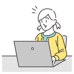 Child (girl) studying on laptop computer with smile [Vector illustration].