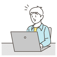 Fototapeta na wymiar Boy studying on laptop computer with smile [Vector illustration].