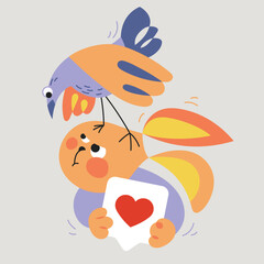 Valentine's Day card with bunny, heart and bird. A cartoon with a rabbit hides a like from a crow. A greedy bunny with a Valentine and a curious hen on his head