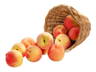 White Peach fruit drop from the basket on white background, White Peach fruit on white PNG File.