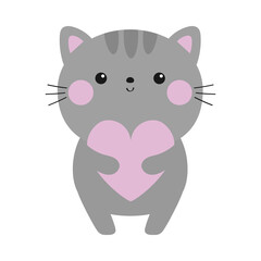 Gray cat holding pink heart. Happy Valentines Day. Cute kitten silhouette. Funny face head. Kawaii cartoon baby character. Notebook sticker print template. Flat design. White background. Isolated.