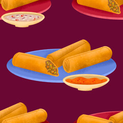 Filipino lumpia (fried spring roll) on red and blue plates wtih sweet and sour sauce and vinegar on maroon background illustrated pattern
