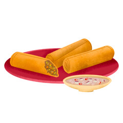 Filipino lumpia (fried spring roll) on red plate with vinegar