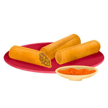 Filipino lumpia (fried spring roll) on red plate with sweet and sour sauce